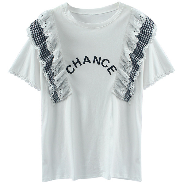 Modern női blúz fehér és fekete színben, felirattal és O-nyakkal