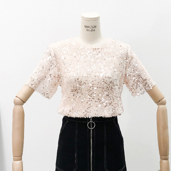 Modern női blúz rövid ujjal és flitterekkel, négy színben