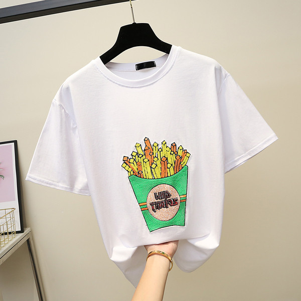 Modern női póló széles modell fekete-fehér flitterekkel