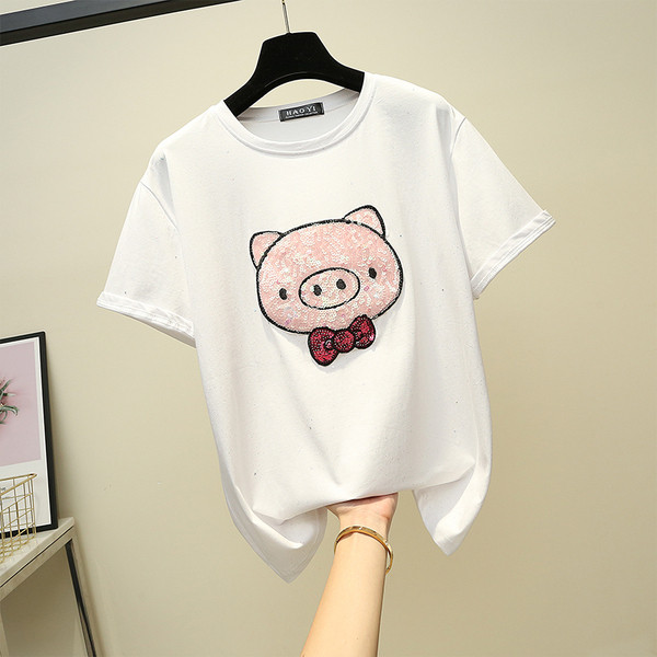 Modern női póló fehér és fekete színben, rátéttel és flitterekkel