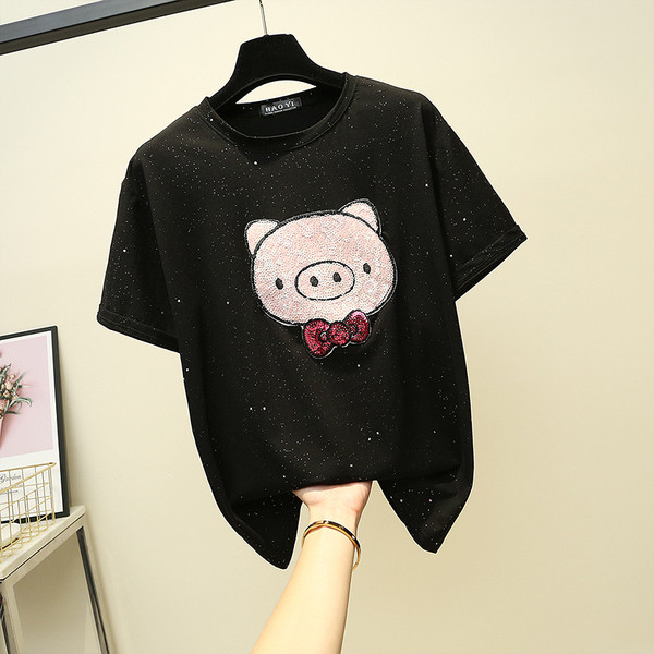 Modern női póló fehér és fekete színben, rátéttel és flitterekkel