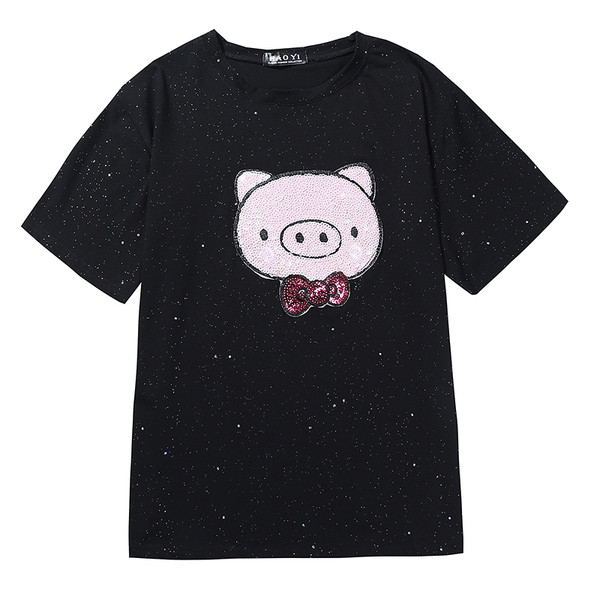 Modern női póló fehér és fekete színben, rátéttel és flitterekkel