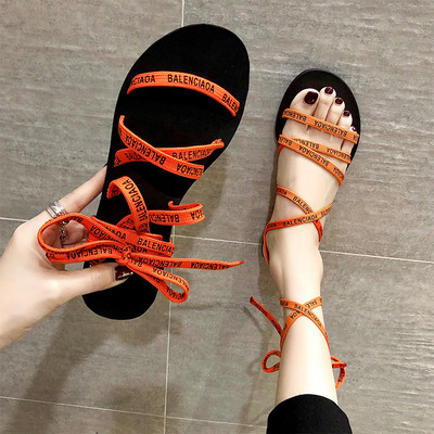 НОВО Модерни дамски сандали с връзки и надписи в три цвята