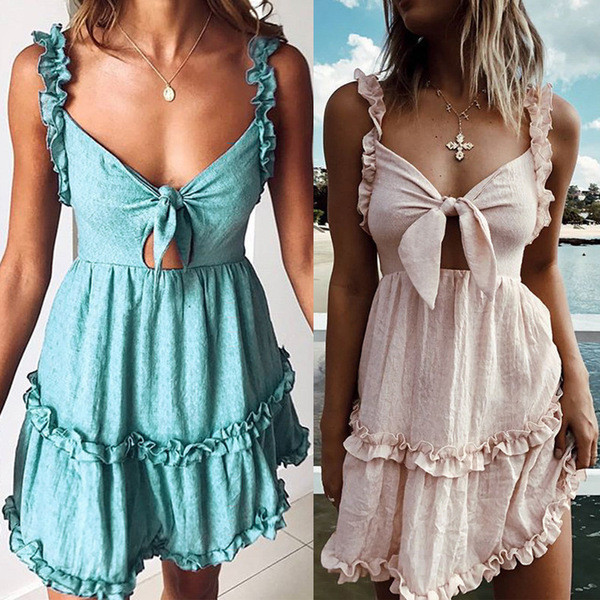 Alkalmi női ruha V-nyakú kék és rózsaszín színben