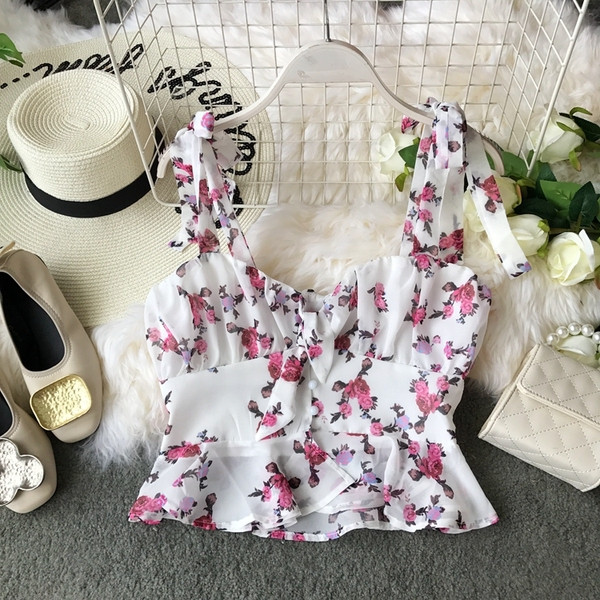 Modern női rövid felső, virágmintával