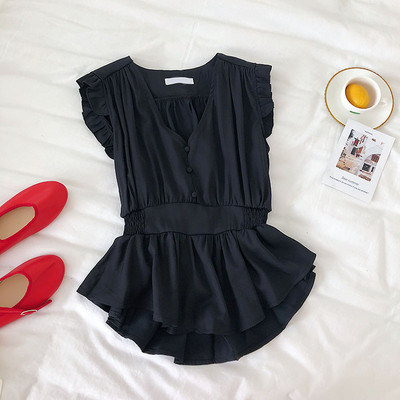 Modern női blúz fehér, fekete és kék színben, V-nyakkal