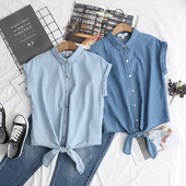 Cămașă scurtă de damă din denim cu legare în două culori