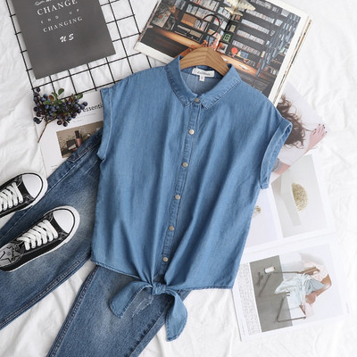 Cămașă scurtă de damă din denim cu legare în două culori