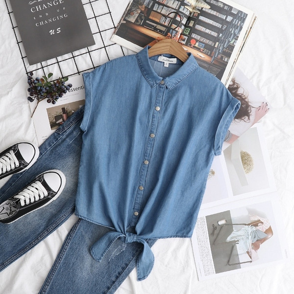 Cămașă scurtă de damă din denim cu legare în două culori