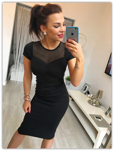 Modern női ruha O-nyakú és rövid ujjú fekete színben