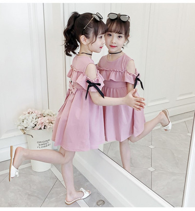 Rochie pentru copii roz si galben cu panglici si decolteu O