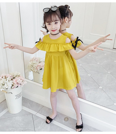 Rochie pentru copii roz si galben cu panglici si decolteu O