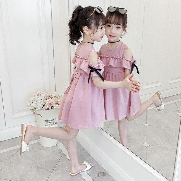 Rochie pentru copii roz si galben cu panglici si decolteu O