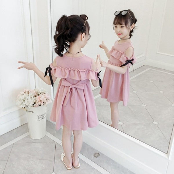 Rochie pentru copii roz si galben cu panglici si decolteu O