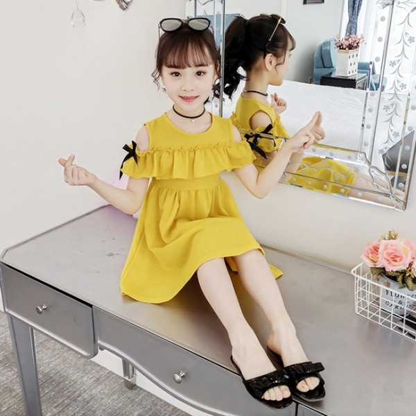 Rochie pentru copii roz si galben cu panglici si decolteu O