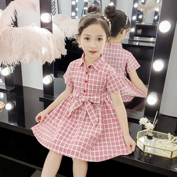 Rochie copii in carouri in doua culori cu maneci scurte si nasturi