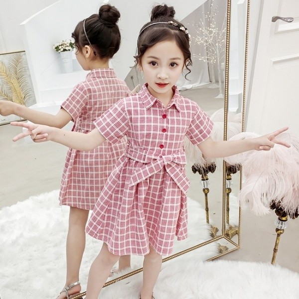 Rochie copii in carouri in doua culori cu maneci scurte si nasturi