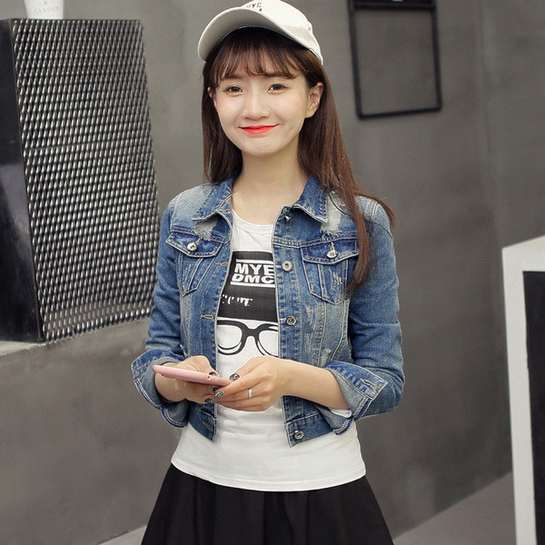 Női farmerdzseki, kék színben szakadt motívumokkal