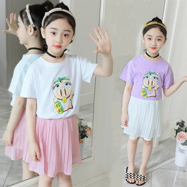 Set copii pentru fete in trei culori din doua parti - tricou si fusta