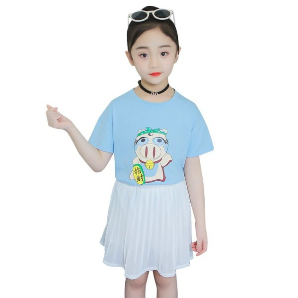 Set copii pentru fete in trei culori din doua parti - tricou si fusta