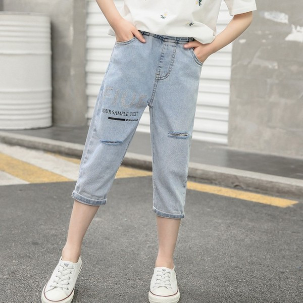 Blugi copii moderni pentru fete cu inscriptii si buzunare