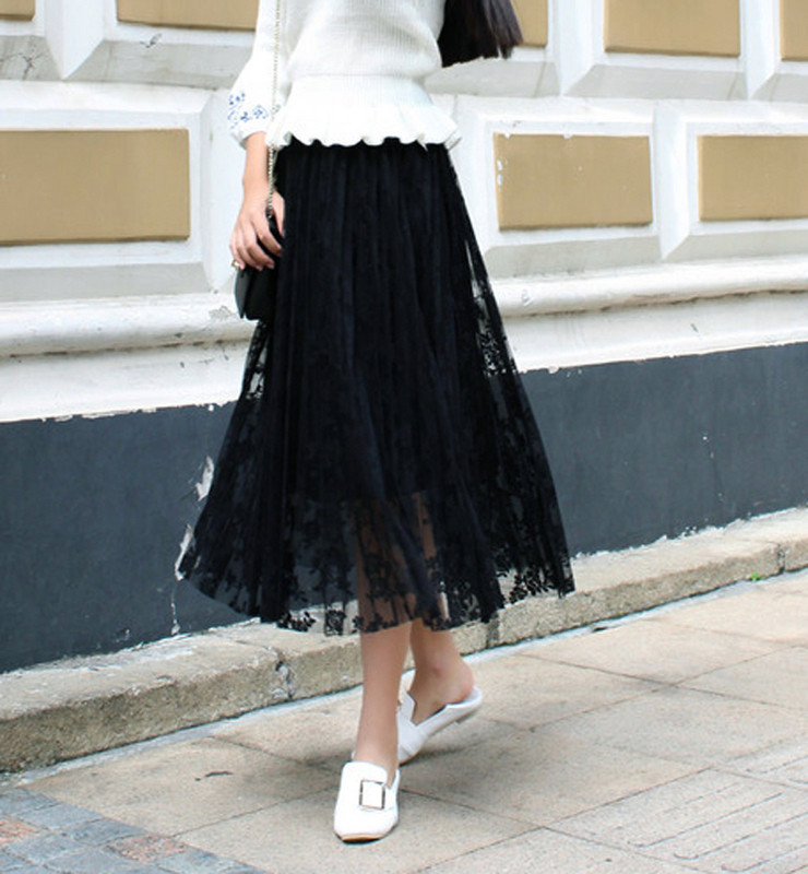 Дамска стилна плисирана  пола с дантела в няколко цвята 