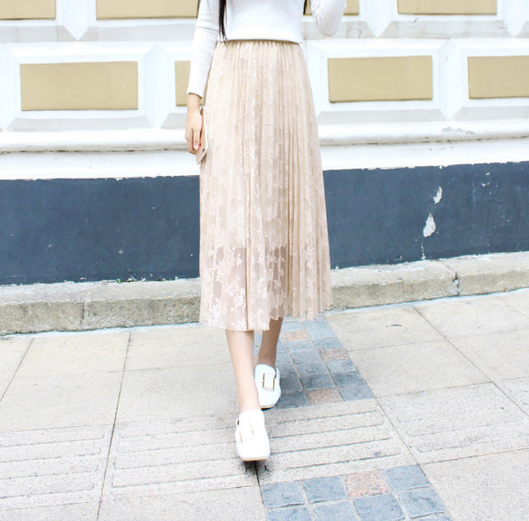 Дамска стилна плисирана  пола с дантела в няколко цвята 