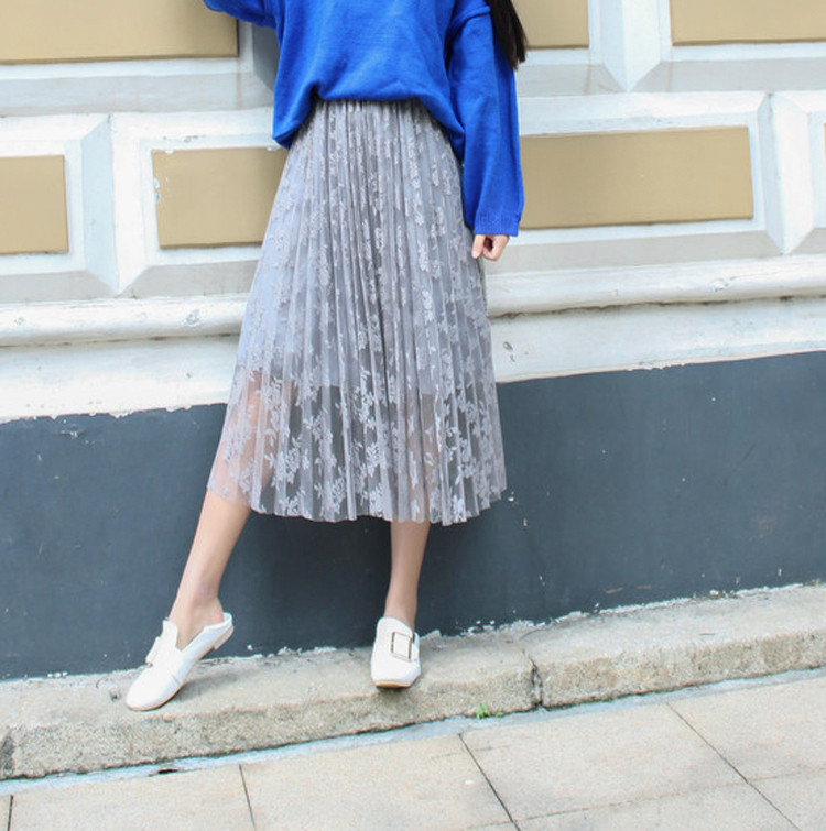 Дамска стилна плисирана  пола с дантела в няколко цвята 