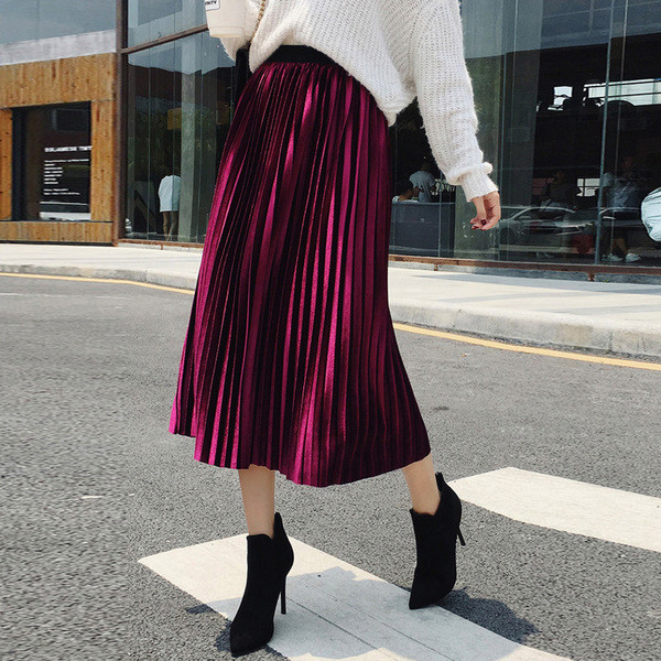 Stílusos női hajtogatott szoknya magas elasztikus derékkal, több színben