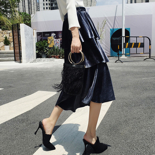 Stílusos női bársony szoknya és magas derék több színben