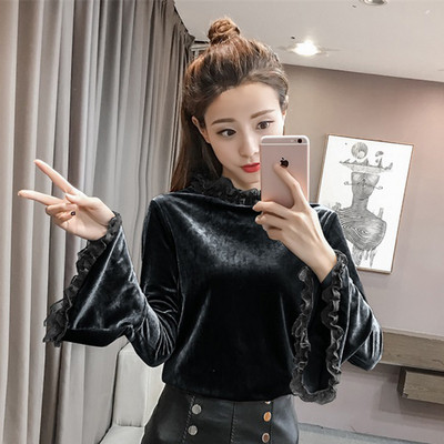 Modern női bársony blúz két színben, széles ujjakkal