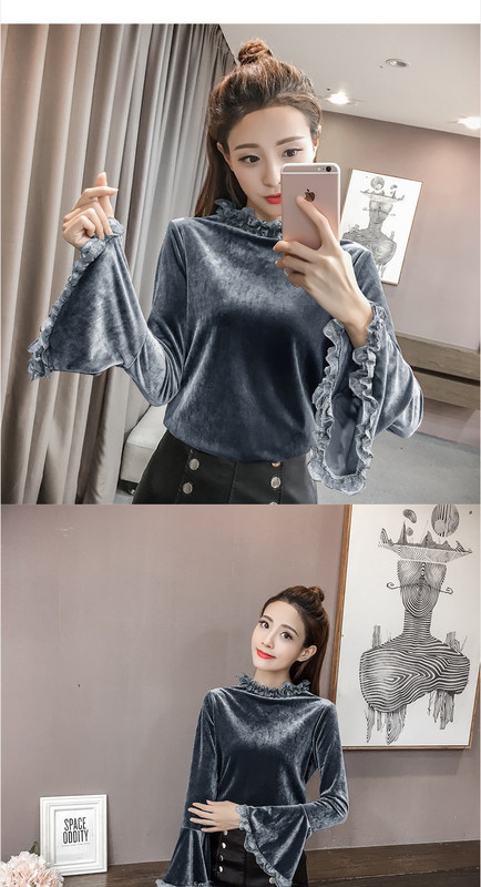 Modern női bársony blúz két színben, széles ujjakkal