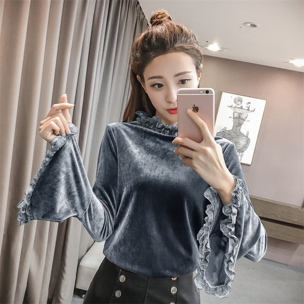 Modern női bársony blúz két színben, széles ujjakkal