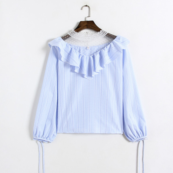 Cămașă de damă actuală în albastru și roz cu mâneci largi