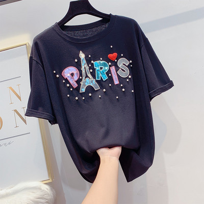 Modern női póló felirattal és gyöngyökkel több színben