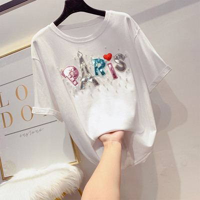 Modern női póló felirattal és gyöngyökkel több színben