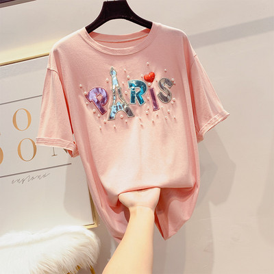 Modern női póló felirattal és gyöngyökkel több színben