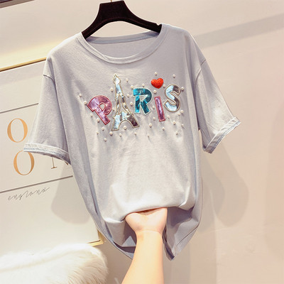 Modern női póló felirattal és gyöngyökkel több színben