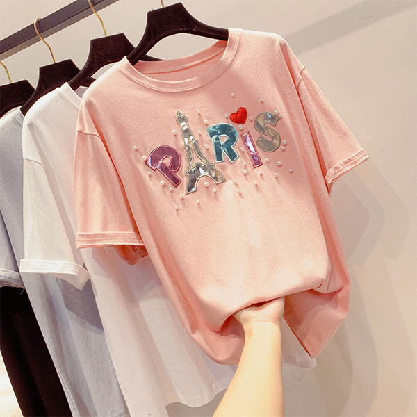 Modern női póló felirattal és gyöngyökkel több színben