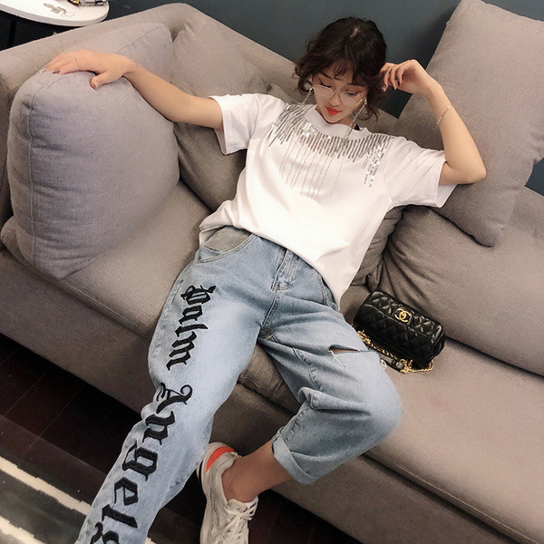 Tricou de dama modern in alb si negru cu pietre