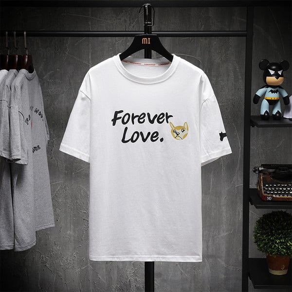 Férfi póló fehér és szürke színben, feliratokkal