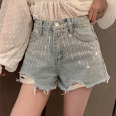 Модерни дамски дънки с висока талия с камъчета в светло син цвят