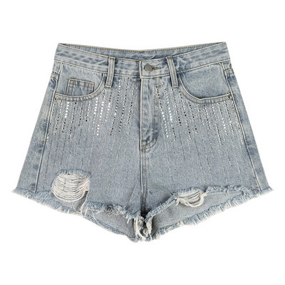 Модерни дамски дънки с висока талия с камъчета в светло син цвят