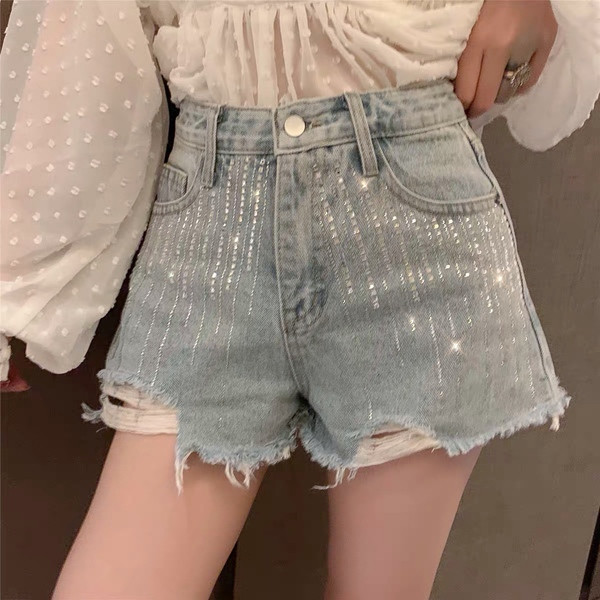 Модерни дамски дънки с висока талия с камъчета в светло син цвят