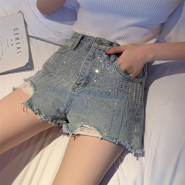 Модерни дамски дънки с висока талия с камъчета в светло син цвят