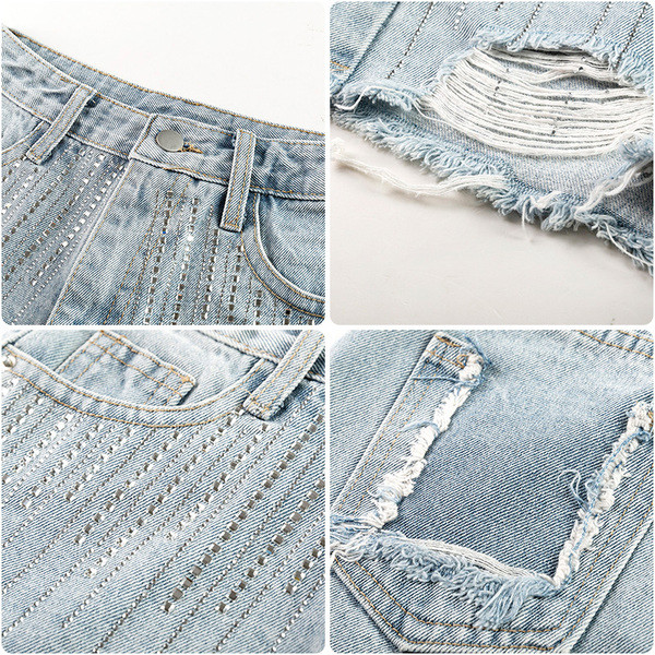 Модерни дамски дънки с висока талия с камъчета в светло син цвят