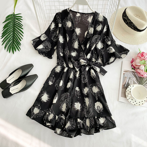 Salopetă de damă elegantă cu decolteu în V cu model floral