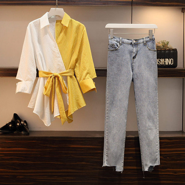 Lezser női szett kétrészes hosszú farmer + ing sárga és kék színben