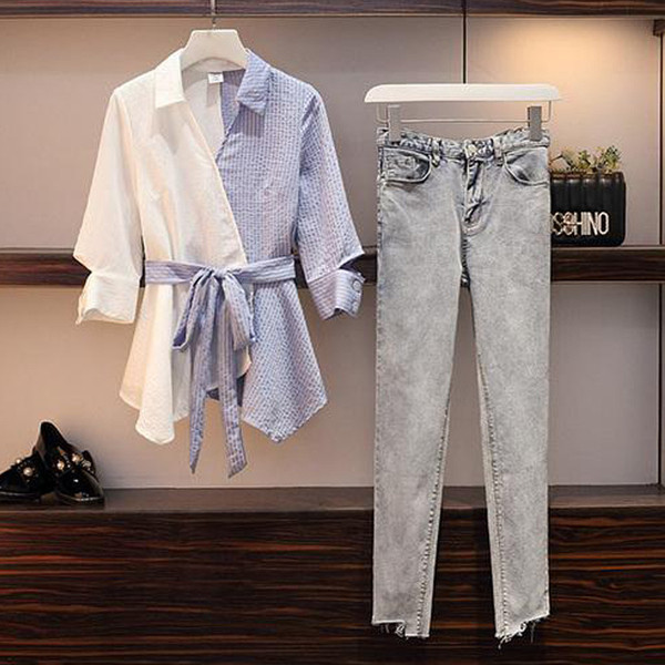 Lezser női szett kétrészes hosszú farmer + ing sárga és kék színben