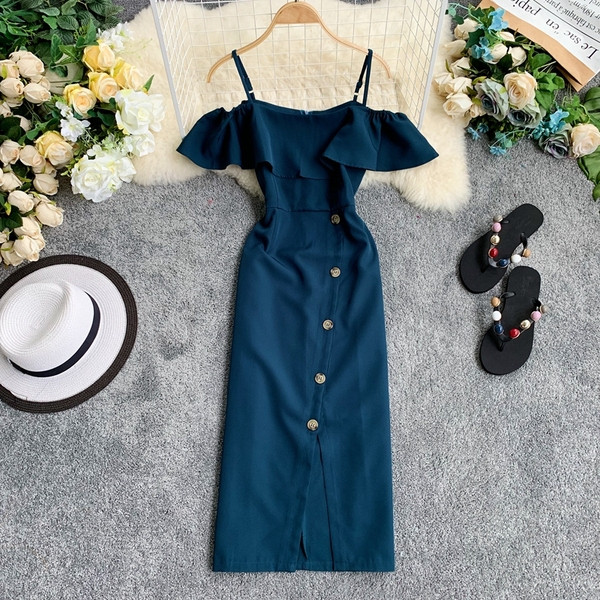 Stílusos női ruha vékony pántokkal és gombokkal, különböző színekben